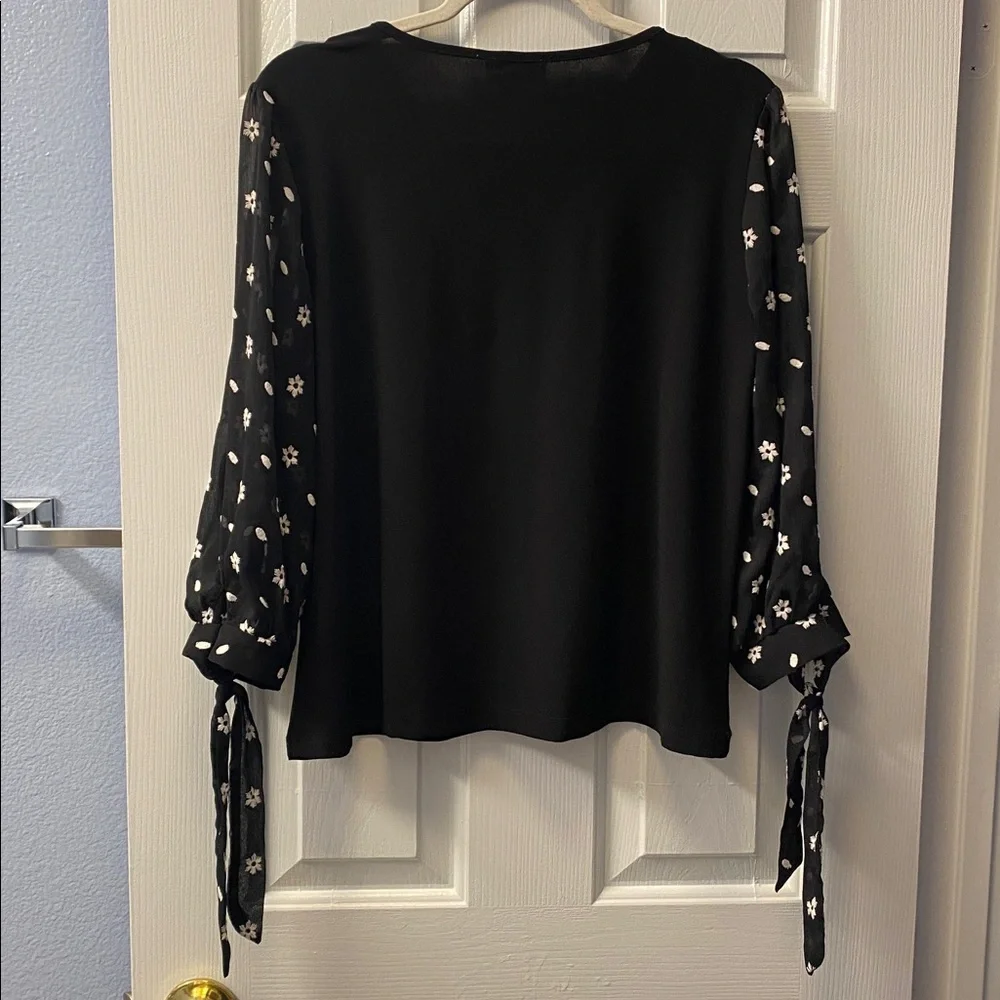 CeCe Black Top with Embroidered Floral Sheer Sleeves - Picture 5 of 12